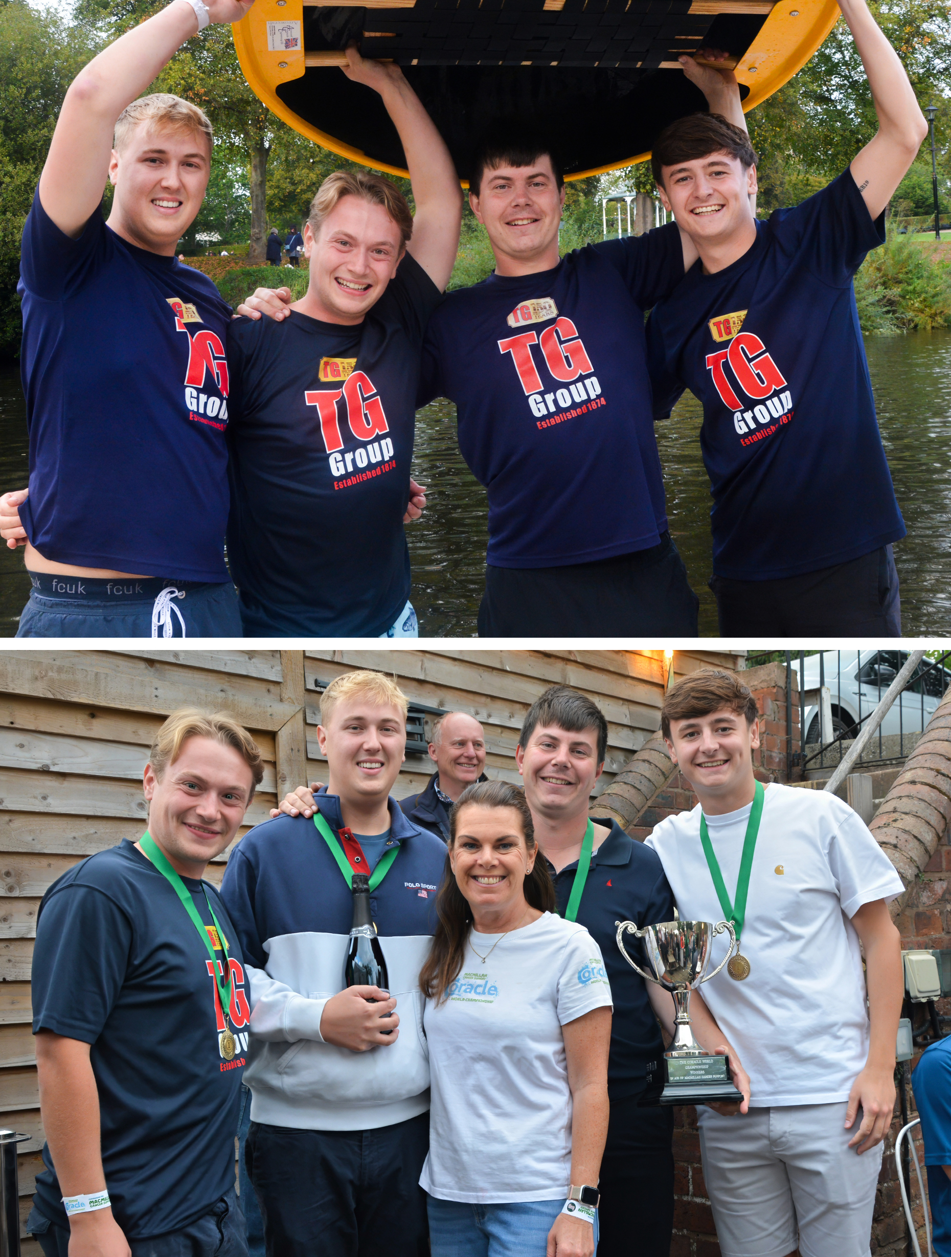 The TG Group team raising their coracle after winning the 2026 Coracle World Championship
